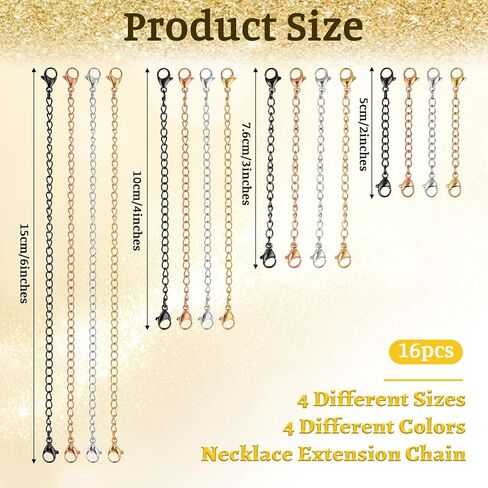 16Pcs Necklace Extenders for Women Necklace Extension Connector Lobster Claw Jewelry Chain Stainless Steel Chain Extenders Assorted Sizes Colors for Necklaces, Bracelet and Anklet Jewelry Making in Saudi Arabia
