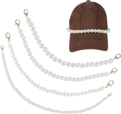 Piriuuo 4 Pcs Pearl Hat Chains, Trucker Hat Chains Bill Decoration for Women Man Metal Detachable Chain Trucket Hats Charms for DIY Tennis Baseball Cap Truckers Accessories (Gold, Pearl) in Saudi Arabia