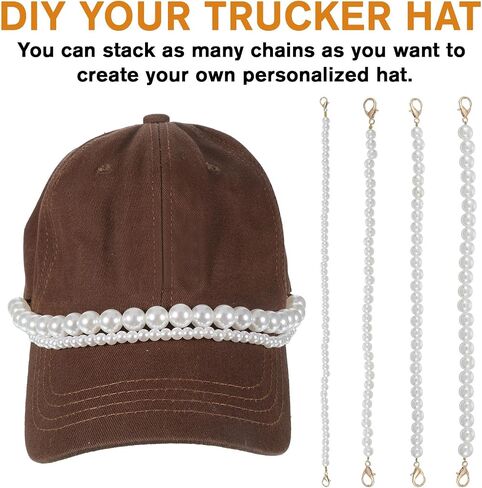 Piriuuo 4 Pcs Pearl Hat Chains, Trucker Hat Chains Bill Decoration for Women Man Metal Detachable Chain Trucket Hats Charms for DIY Tennis Baseball Cap Truckers Accessories (Gold, Pearl) in Saudi Arabia