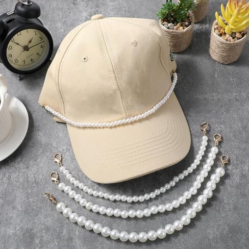 Piriuuo 4 Pcs Pearl Hat Chains, Trucker Hat Chains Bill Decoration for Women Man Metal Detachable Chain Trucket Hats Charms for DIY Tennis Baseball Cap Truckers Accessories (Gold, Pearl) in Saudi Arabia