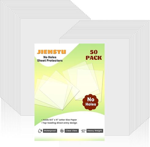 50 Pack No Holes Clear Sheet Protectors, Letter Size 8.5 x 11 Inch, Plastic Sheet Sleeves, Top Loading Paper Protector, Archival Safe for Documents and Photos in Saudi Arabia