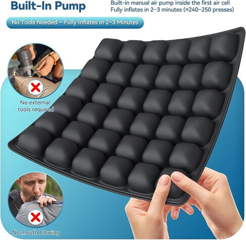 Inflatable Seat Cushion for Air Travel with Built-in Manual Pump, Portable, Breathable, Non-Slip, Waterproof Lycra Cover (Black) in Saudi Arabia
