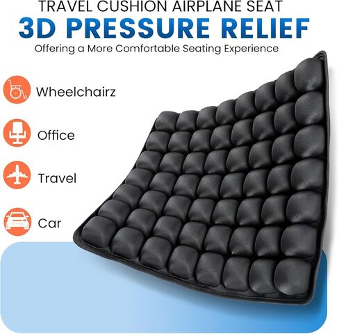 Travel Seat Cushion, Inflatable Airplane Seat Cushion for Travel, 56 Bubbles Portable Car Seat Cushions for Long Flights Office Chair, Wheelchair, Camping, Home Living (Black) in Saudi Arabia