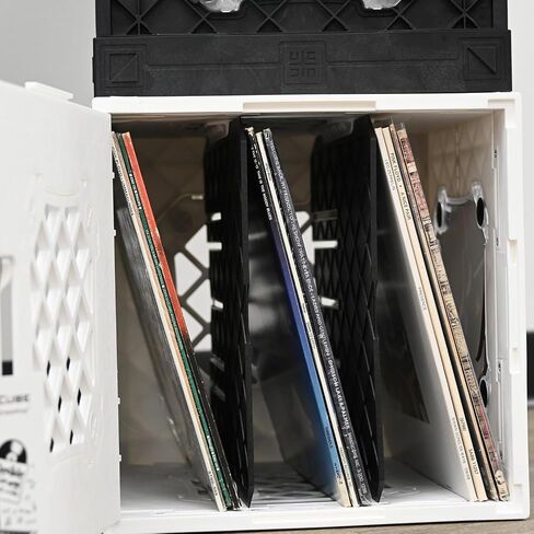 Cratevinyl - Crate Storage Crate Crate Crate Modular Cube لألبومات LP مع مقسم ولوحان واضحان (صناديق أسود - ألواح اللون الأزرق) in Kuwait