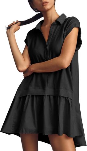 Fisoew Womens Summer Sweatshirt Dresses Short Sleeve V Neck Casual Oversized Patchwork Mini Dress in Saudi Arabia