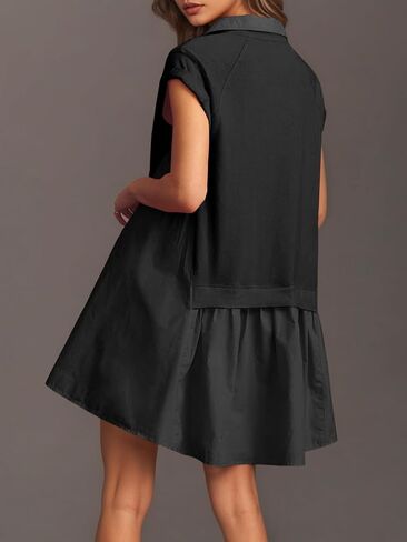 Fisoew Womens Summer Sweatshirt Dresses Short Sleeve V Neck Casual Oversized Patchwork Mini Dress in Saudi Arabia