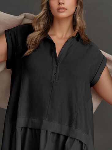 Fisoew Womens Summer Sweatshirt Dresses Short Sleeve V Neck Casual Oversized Patchwork Mini Dress in Saudi Arabia