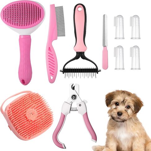 طقم أليف الأليف 10pcs فرش الكلب مع فرشاة slicker ، وفرشاة حمام التدليك ، وفرش أسنان إصبع السيليكون ، ومقص الأظافر للحيوانات الأليفة ، ومشط القطع لجميع الكلاب الحجم الأرنب القط غينيا خنزير شينشيلا in Kuwait
