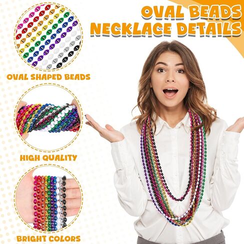100PCS Mardi Gras Beads, Gold Oval Beaded Necklace Stuff, 32" Mardi Gras Christmas Beaded Necklace Costume Bulk, Festival Parade Throw Accessories for Mardi Gras St Patricks Christmas Celebrations in Saudi Arabia