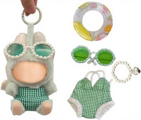 17cm/15cm Stylish Summer Beach Clothes Set Suitable for Labubu – Fashion Outfit(Doll Not Included) (Green Swimsuit+Swim Ring+Necklace+Glasses) in Kuwait
