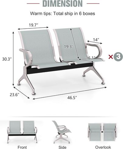 Kinpaw Black Waiting Room Chairs - Guest Reception Bench with Ergonomic High Back & Armrest,Comfortable Office Furniture for Conference, Lobby, Airport, Hospital, Meeting, Bank, Barber, 6-Seater in Kuwait