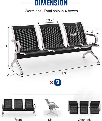 Kinpaw Black Waiting Room Chairs - Guest Reception Bench with Ergonomic High Back & Armrest,Comfortable Office Furniture for Conference, Lobby, Airport, Hospital, Meeting, Bank, Barber, 6-Seater in Kuwait