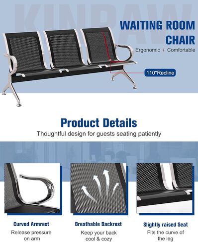 Kinpaw Black Waiting Room Chairs - Guest Reception Bench with Ergonomic High Back & Armrest,Comfortable Office Furniture for Conference, Lobby, Airport, Hospital, Meeting, Bank, Barber, 6-Seater in Kuwait