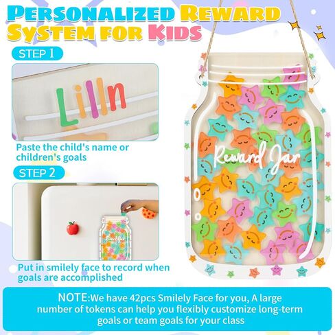 Personalized Magnetic Reward Jar - Smiley Faces Jar with Colorful DIY Letter Stickers, Ideal for Classroom Reward System Home Chore Chart, Positive Behavior Training (42PCS Smiley) in Kuwait