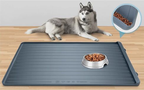 Dog Feeding Mat - 39''x27'' Large Silicone Pet Food Mats with Residue Collection Pocket and High Edges, Floors Waterproof Dog Cat Bowl Mat Prevent Water Food Spills, Dark Grey in Saudi Arabia