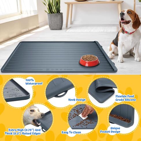 Dog Feeding Mat - 39''x27'' Large Silicone Pet Food Mats with Residue Collection Pocket and High Edges, Floors Waterproof Dog Cat Bowl Mat Prevent Water Food Spills, Dark Grey in Saudi Arabia