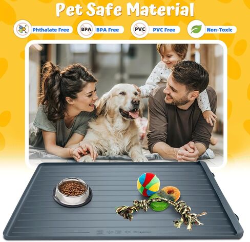 Dog Feeding Mat - 39''x27'' Large Silicone Pet Food Mats with Residue Collection Pocket and High Edges, Floors Waterproof Dog Cat Bowl Mat Prevent Water Food Spills, Dark Grey in Saudi Arabia