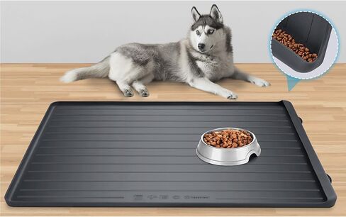 Dog Feeding Mat - 39''x27'' Large Silicone Pet Food Mats with Residue Collection Pocket and High Edges, Floors Waterproof Dog Cat Bowl Mat Prevent Water Food Spills, Dark Grey in Saudi Arabia