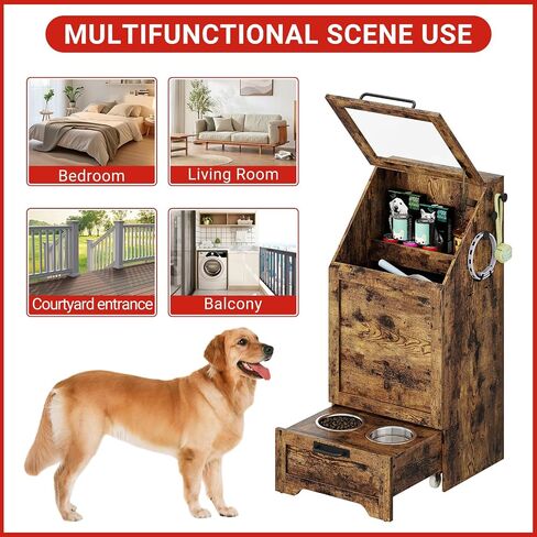 Elevated Dog Feeding Station with 2 Stainless Steel Bowls, Top-Access Pet Food Storage Cabinet & Toy Organizer, Pet Dining Furniture for Kitchens/Laundry Rooms, Brown in Saudi Arabia