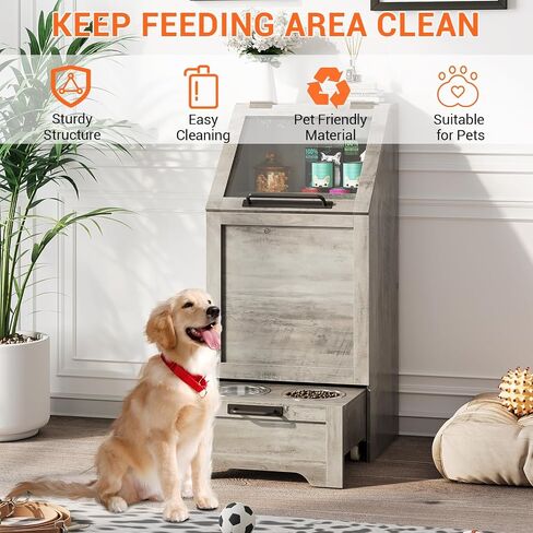 Dog Feeding Station, with Pet Feeding Station,Flip Top Dog Food Storage Cabinet, 2 Elevated Bowls, Includes 3 Hooks for Accessories – Space-Saving Design, Brown in Saudi Arabia