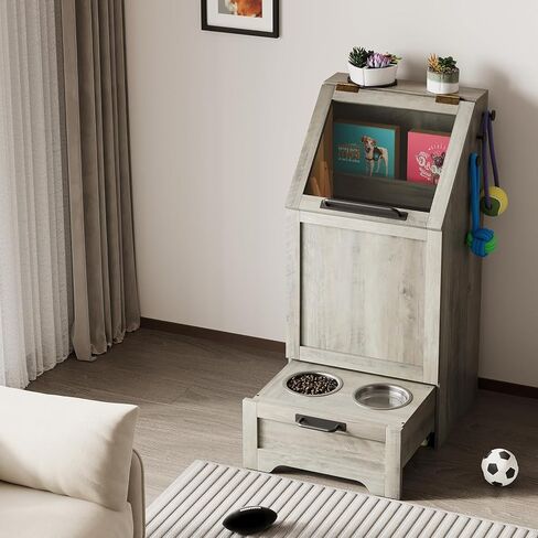 Dog Feeding Station, with Pet Feeding Station,Flip Top Dog Food Storage Cabinet, 2 Elevated Bowls, Includes 3 Hooks for Accessories – Space-Saving Design, Brown in Saudi Arabia