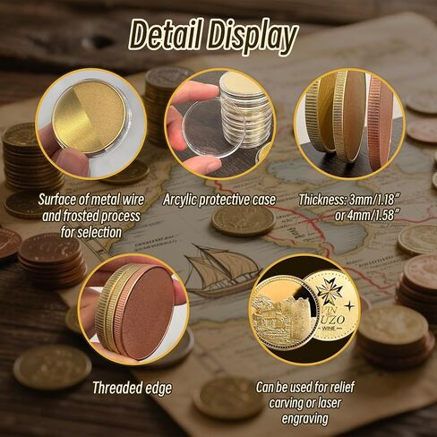 10 Pcs Brass Coins Blanks, 4mm Thickness Custom Challenge Coin, 40mm Threaded Edge, Acrylic Protection Box for Laser Engraving, DIY Gifts, Collection Supplies in Saudi Arabia