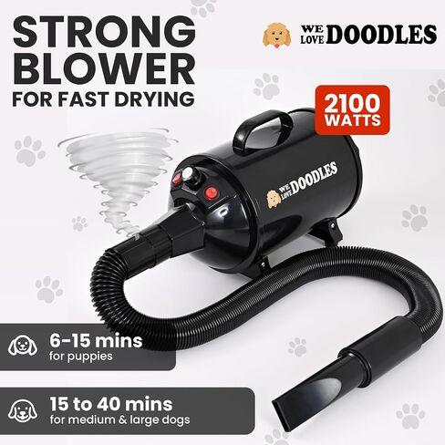 We Love Doodles Dog Dryer with Adjustable Speed & Temperature Control - High Velocity Hair Dryer, Pet Blow Dryers for Dogs, Blow Dry Quickly & Blow Out Undercoat - Pet Grooming (Black) in Kuwait