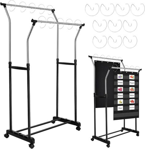 Double Layer Pocket Chart Stand Adjustable to 63 Inch Anchor Chart Holder with Casters Rolling Stainless Steel Teacher Supplies with 10 Hooks for Classroom Teaching Educational Tool(Black) in Saudi Arabia