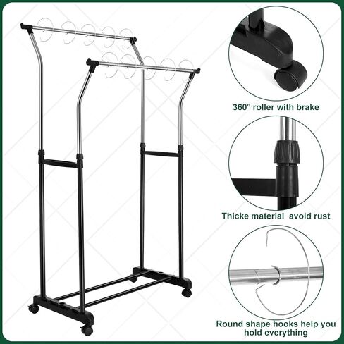 Double Layer Pocket Chart Stand Adjustable to 63 Inch Anchor Chart Holder with Casters Rolling Stainless Steel Teacher Supplies with 10 Hooks for Classroom Teaching Educational Tool(Black) in Saudi Arabia