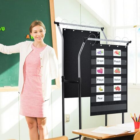 Double Layer Pocket Chart Stand Adjustable to 63 Inch Anchor Chart Holder with Casters Rolling Stainless Steel Teacher Supplies with 10 Hooks for Classroom Teaching Educational Tool(Black) in Saudi Arabia