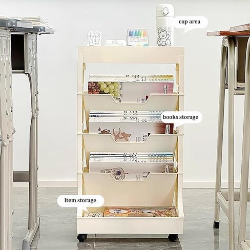 Cute 5-Tier Rolling Book Cart with Wheels, Mobile Bookshelf Storage Shelf for Classroom, Office, Home(Khaki) in Kuwait