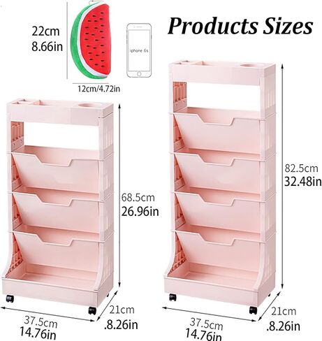 Cute 5-Tier Rolling Book Cart with Wheels, Mobile Bookshelf Storage Shelf for Classroom, Office, Home(Khaki) in Kuwait