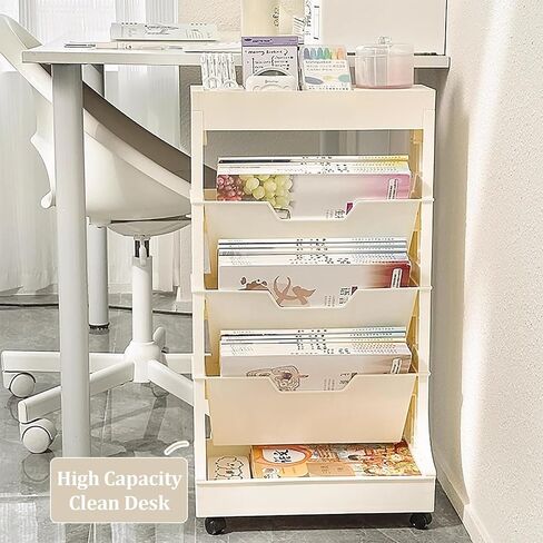 Cute 5-Tier Rolling Book Cart with Wheels, Mobile Bookshelf Storage Shelf for Classroom, Office, Home(Khaki) in Kuwait