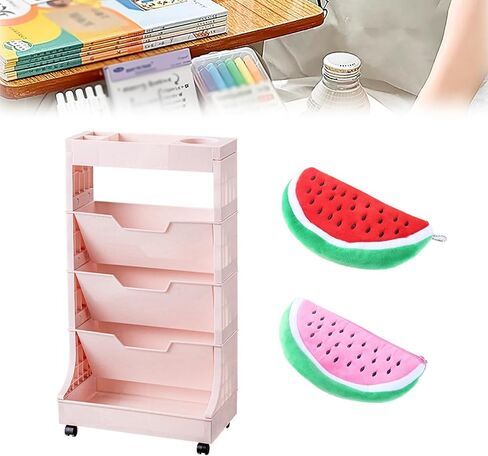 Cute 5-Tier Rolling Book Cart with Wheels, Mobile Bookshelf Storage Shelf for Classroom, Office, Home(Khaki) in Kuwait