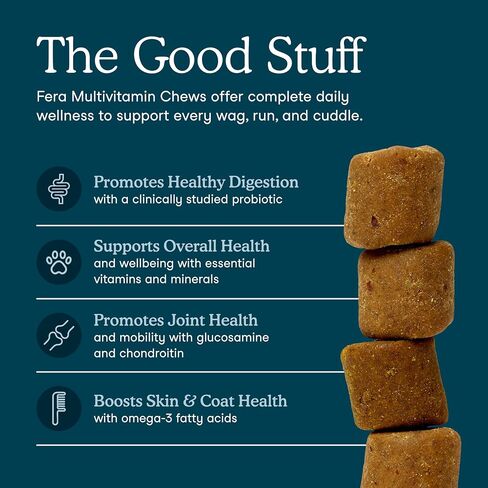 Fera Pets Dog Multivitamin Chews مع الجلوكوزامين والبروبيوتيك - فيتامينات ومعادن الكلاب الأساسية - يعزز الهضم والمفاصل الصحية - صحة الجلد والمعطف مع أوميغا 3 - مضغ ناعم in Kuwait