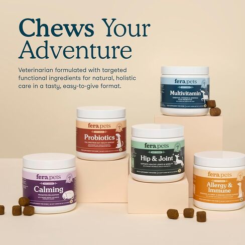 Fera Pets Dog Multivitamin Chews مع الجلوكوزامين والبروبيوتيك - فيتامينات ومعادن الكلاب الأساسية - يعزز الهضم والمفاصل الصحية - صحة الجلد والمعطف مع أوميغا 3 - مضغ ناعم in Kuwait