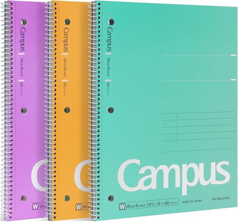 KOKUYO Spiral Notebook, 3 Pack Campus 10-1/2" x 8" Subject Notebooks with Wide Ruled, 80 Sheets, Purple Orange Turquoise 3 Holes School Spiral Journal for Work Study Note Taking (WSG-SU-400G3×3) in Saudi Arabia
