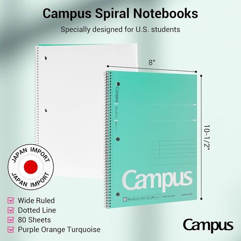 KOKUYO Spiral Notebook, 3 Pack Campus 10-1/2" x 8" Subject Notebooks with Wide Ruled, 80 Sheets, Purple Orange Turquoise 3 Holes School Spiral Journal for Work Study Note Taking (WSG-SU-400G3×3) in Saudi Arabia