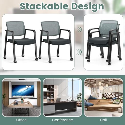 Tangkula Rolling Conference Rooms مجموعة من 12 ، كراسي شبكية ضيوف قابلة للتكديس مع مساند وعجلات ، مثالية لمكتب غرفة الانتظار ، المدرسة ، اللوبي (أسود) in Saudi Arabia