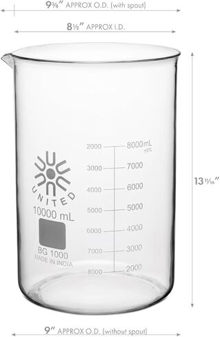 United Scientific™ BG1000-10000 Borosilicate Laboratory Grade Glass Beakers| Griffin Style Low Form Beaker | Graduated with Spout | Designed for Laboratories & Chemistry Classrooms| 10000mL Capacity in Kuwait