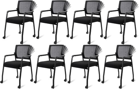 Ergonomic Mesh Back Armchairs with Non-Slip Mute Casters and Upholstered Fabric Thickened Seat, Reception Guest Chair with Lumbar Support for School Church Office Conference Room, Black 8Pack in Kuwait