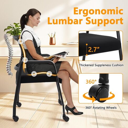 Ergonomic Mesh Back Armchairs with Non-Slip Mute Casters and Upholstered Fabric Thickened Seat, Reception Guest Chair with Lumbar Support for School Church Office Conference Room, Black 8Pack in Kuwait