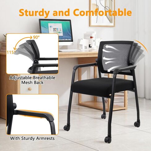 Ergonomic Mesh Back Armchairs with Non-Slip Mute Casters and Upholstered Fabric Thickened Seat, Reception Guest Chair with Lumbar Support for School Church Office Conference Room, Black 8Pack in Kuwait