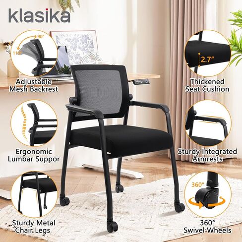 Ergonomic Mesh Back Armchairs with Non-Slip Mute Casters and Upholstered Fabric Thickened Seat, Reception Guest Chair with Lumbar Support for School Church Office Conference Room, Black 8Pack in Kuwait