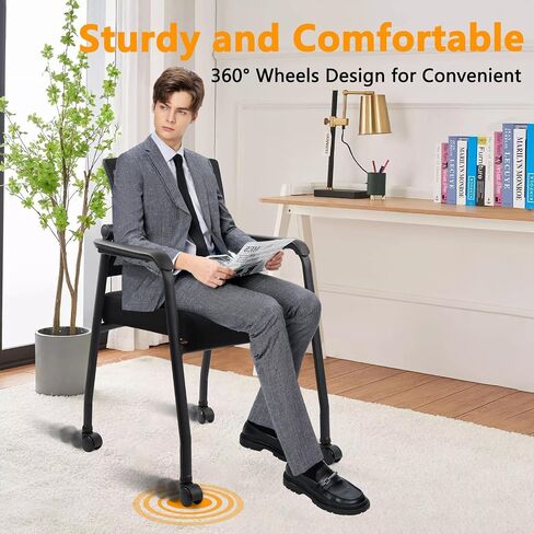 Ergonomic Mesh Back Armchairs with Non-Slip Mute Casters and Upholstered Fabric Thickened Seat, Reception Guest Chair with Lumbar Support for School Church Office Conference Room, Black 8Pack in Kuwait