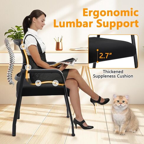 كراسي بذراعين خلفية شبكية مريحة مع عجلات صوتية غير قابلة للانزلاق والمقعد السميك من المنجدات ، كرسي ضيف الاستقبال مع دعم القطني لقاعة مؤتمرات مكتب كنيسة المدرسة ، الأسود 8pack in Kuwait