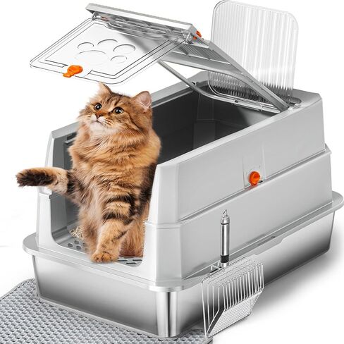 Stainless Steel Litter Box with lid,165° Flip-Top Large Enclosed Cat Litter Box with Metal Litter Scoop & Cat Litter Mat.Non-Sticky, Non-Odor, Easy Cleaning-Light Gray in Kuwait