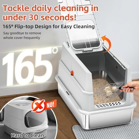 Stainless Steel Litter Box with lid,165° Flip-Top Large Enclosed Cat Litter Box with Metal Litter Scoop & Cat Litter Mat.Non-Sticky, Non-Odor, Easy Cleaning-Light Gray in Kuwait