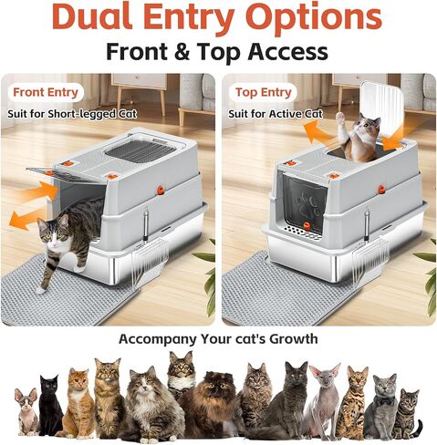 Stainless Steel Litter Box with lid,165° Flip-Top Large Enclosed Cat Litter Box with Metal Litter Scoop & Cat Litter Mat.Non-Sticky, Non-Odor, Easy Cleaning-Light Gray in Kuwait