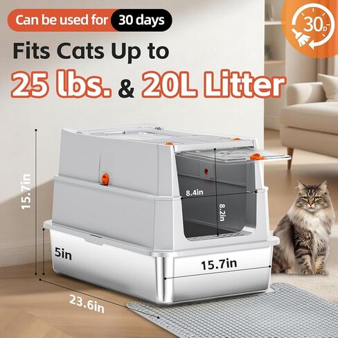Stainless Steel Litter Box with lid,165° Flip-Top Large Enclosed Cat Litter Box with Metal Litter Scoop & Cat Litter Mat.Non-Sticky, Non-Odor, Easy Cleaning-Light Gray in Kuwait